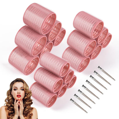 26 Pcs Ceramic Thermal Hair Rollers Set,Hair Curlers for Blowout Look Long Medium Short Hair,Jumbo Self Grip Hair Rollers with Clips for Women(18 Rollers + 8 Stainless Steel Clips,Pink)