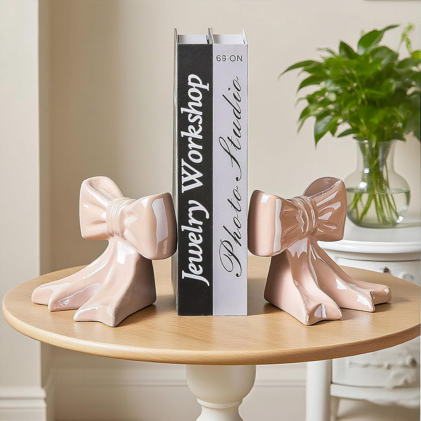 1 Pair Ceramic Bow Bookends Glossy Finish Desk Decor with Non-Slip Base, 4.3x3.5x4.3 Inch Shelf Organizers for Home/Dorm/Office (Pink)