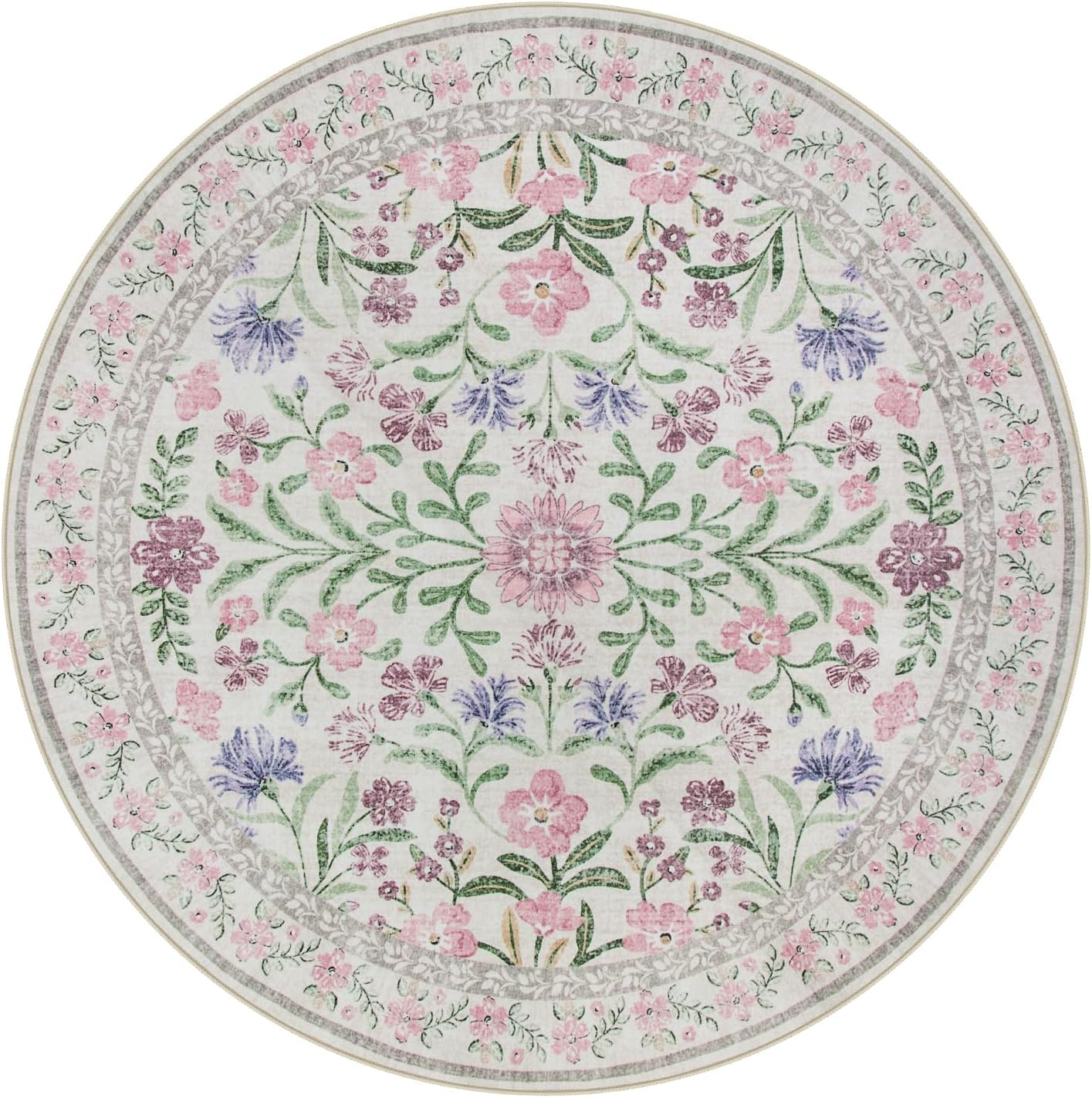 Wonnitar Floral Washable Round Rugs 6ft, Purple Circle Rugs for Bedroom Girls Dorm, Ultra-Thin Non Slip Boho Carpet for Nursery Girls Room Decor Living Room Playroom, Light Purple/Pink