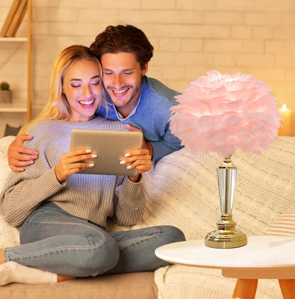 Pink Feather Lamp Cute Princess Table Lamp Romantic Furry Goose Feather Decoration Desk Light Creative Bedside Lamps for Kids Wedding Bedroom Girls' Room Decor