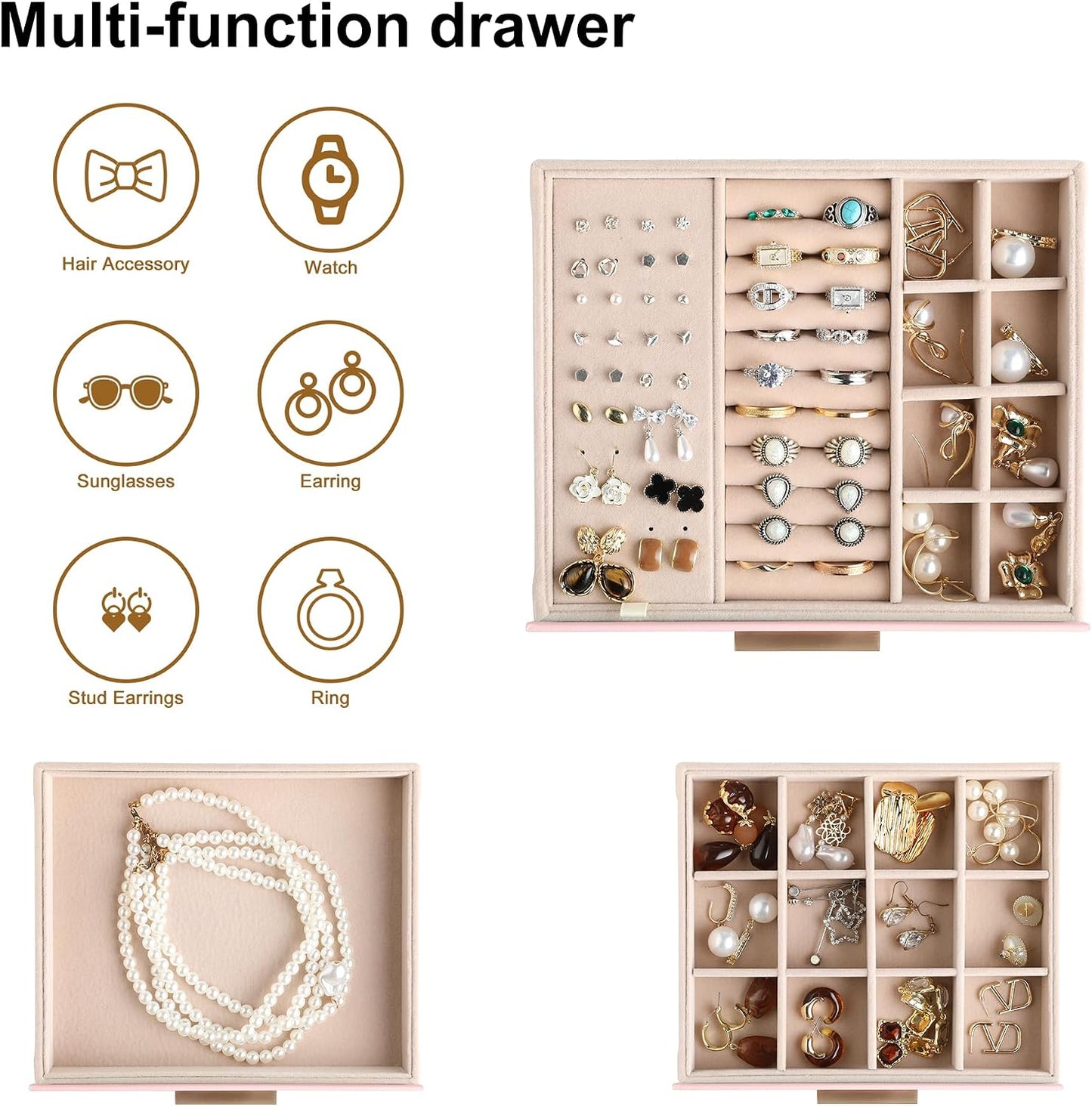 Frebeauty Clear Lid Jewelry Box,3-Layer Jewelry Organizer with Drawer,PU Leather Jewelry Organizers and Storage,Jewelry Boxes for Women,Jewelry Storage for Rings Earring Stud,Gift for Women(Pink)