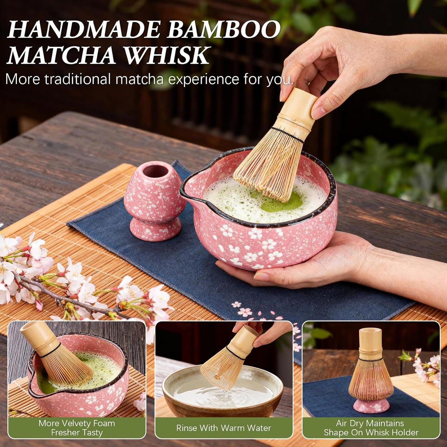 Matcha Whisk Set, 7 PCS Ceramic Matcha Sets with Bowl, Bamboo Whisk and Holder, Towel, Sifter, Bamboo Scoop, Scoop Rest, Gifts for Tea Lovers, Birthdays New Year Gifts for Women Mom