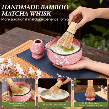 Matcha Whisk Set, 7 PCS Ceramic Matcha Sets with Bowl, Bamboo Whisk and Holder, Towel, Sifter, Bamboo Scoop, Scoop Rest, Gifts for Tea Lovers, Birthdays New Year Gifts for Women Mom
