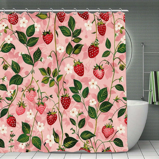 Peach Strawberry Print Shower Curtains with Hooks Luxury Polyester Cloth Shower Curtain Exquisite Bath Curtains Waterproof Bathroom Shower Curtain for Bathtubs Partitions 71"x71"