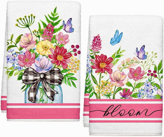 Summer Wildflower Kitchen Towels, Butterfly Dish Towels Set of 2, Spring Watercolor Pink Floral Farmhouse 18 x 26 Inch Hand Towel Quick Drying Dishcloth Decor for Kitchen Bathroom Home