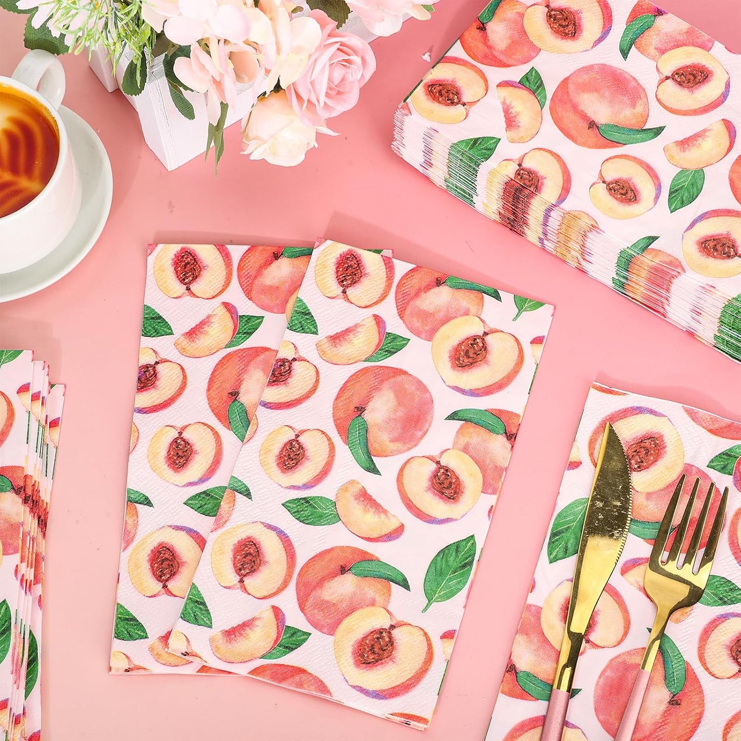 FYSUIMU 50 Pcs Peach Guest Napkins Watercolor Pink Peach Disposable Napkin Fruit Paper Hand Towels for Bathroom Summer Picnic Birthday Bridal Shower Party Table Supplies