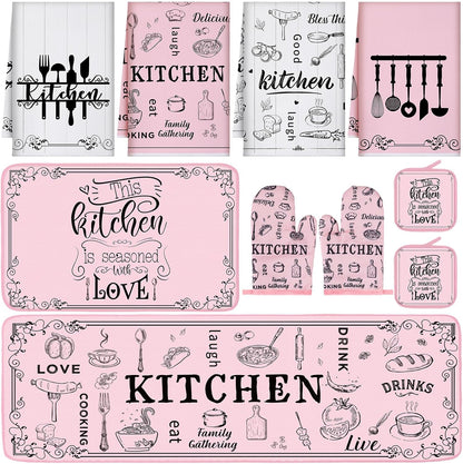 Fourluoo 10 Pcs Funny Pink Kitchen Decor Set 4 This Kitchen is Seasoned with Love Dish Towel 2 Pot Holders with Sayings 2 Oven Mitts Glove Rustic Non Slip Rug and Mat for Home Decoration Mom Gift