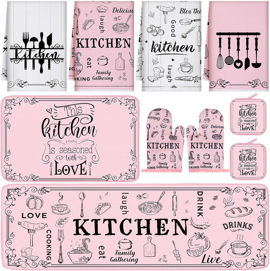 Fourluoo 10 Pcs Funny Pink Kitchen Decor Set 4 This Kitchen is Seasoned with Love Dish Towel 2 Pot Holders with Sayings 2 Oven Mitts Glove Rustic Non Slip Rug and Mat for Home Decoration Mom Gift