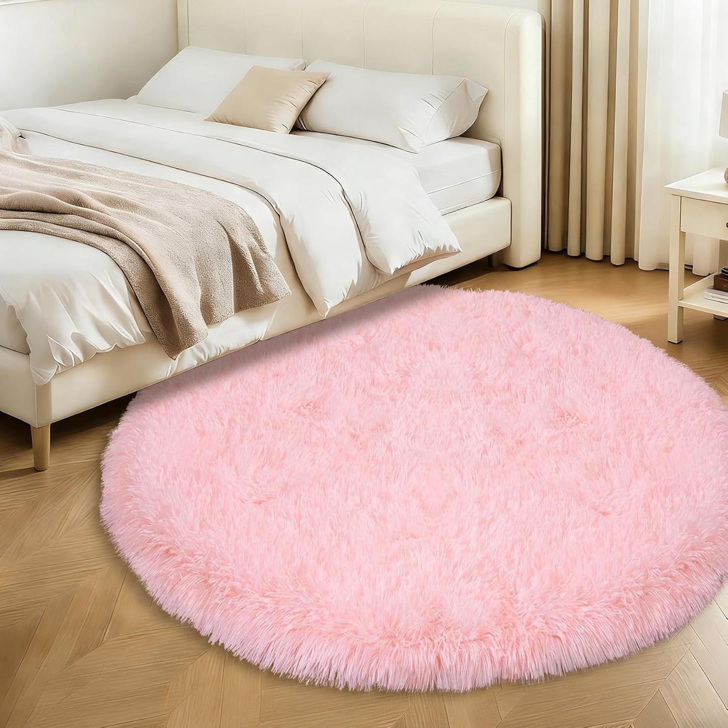 Pink Round Rug for Bedroom: Soft Fluffy Shag Washable Rug Fuzzy Circle Rugs Plush Indoor Carpet for Living Room Nursery Playroom Girls Boys Kids Room (Pink, 4'x4')