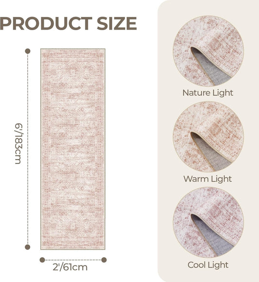 Washable Runner Rugs for Bedroom - 2x6 Runner Rug Non Slip, Ultra-Thin Entryway Runner, Soft Abstract Kitchen Runner for Hallway, Laundry, Bathroom, Indoor Door Mat(2'x6', Pink/Ivory)