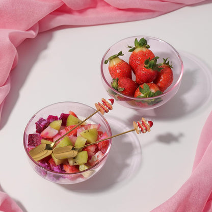 Pink Glass Dessert Bowls Set of 6 Ice Cream Bowl with 6 Gold-Plated Spoons Decorative Microwave Safe for Fruit,Snack,Candy Glass Bowl Set