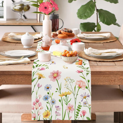 Bonhause Spring Floral Table Runner 13x72 Inch Pink Flowers Plants Leaves Butterflies Seasonal Summer Kitchen Dining Table Decoration for Indoor Outdoor Home Party Decor