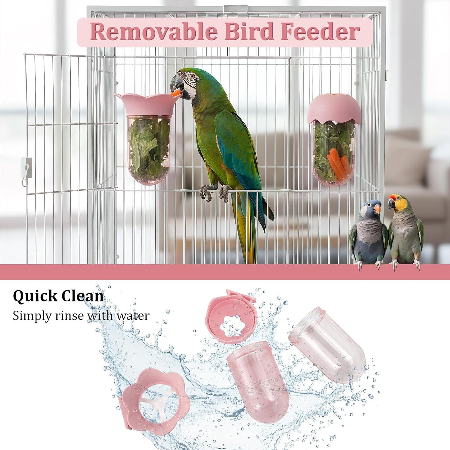 2 PCS Bird Cage Vegetable Feeder, Bird Food Dispenser with Water Storage Design to Keep Vegetables Fresh, Hanging Birds Feeder, Parakeet Cage Accessories for Cockatiel & Small Birds (Pink)