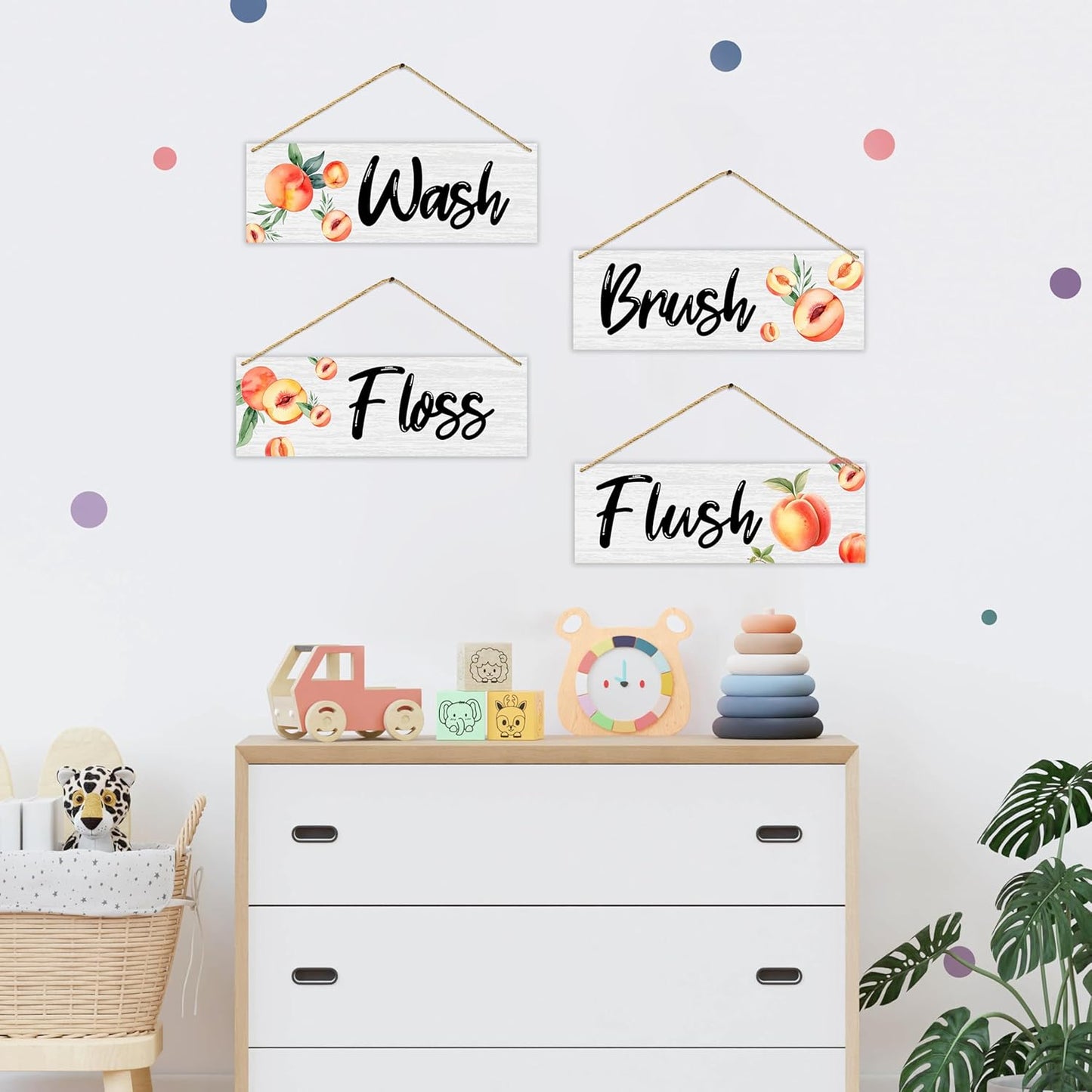 4 Pcs Minimalism Peach Bathroom Wall Decor Sign, Bathroom Wall Art Decor Gift, Wash Brush Floss Flush Wooden Hanging Plaque Sign For Farmhouse Home Bathroom Restroom Spa Room Laundry Room -18