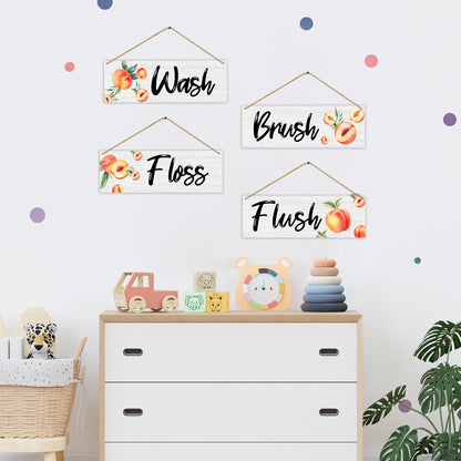 4 Pcs Minimalism Peach Bathroom Wall Decor Sign, Bathroom Wall Art Decor Gift, Wash Brush Floss Flush Wooden Hanging Plaque Sign For Farmhouse Home Bathroom Restroom Spa Room Laundry Room -18