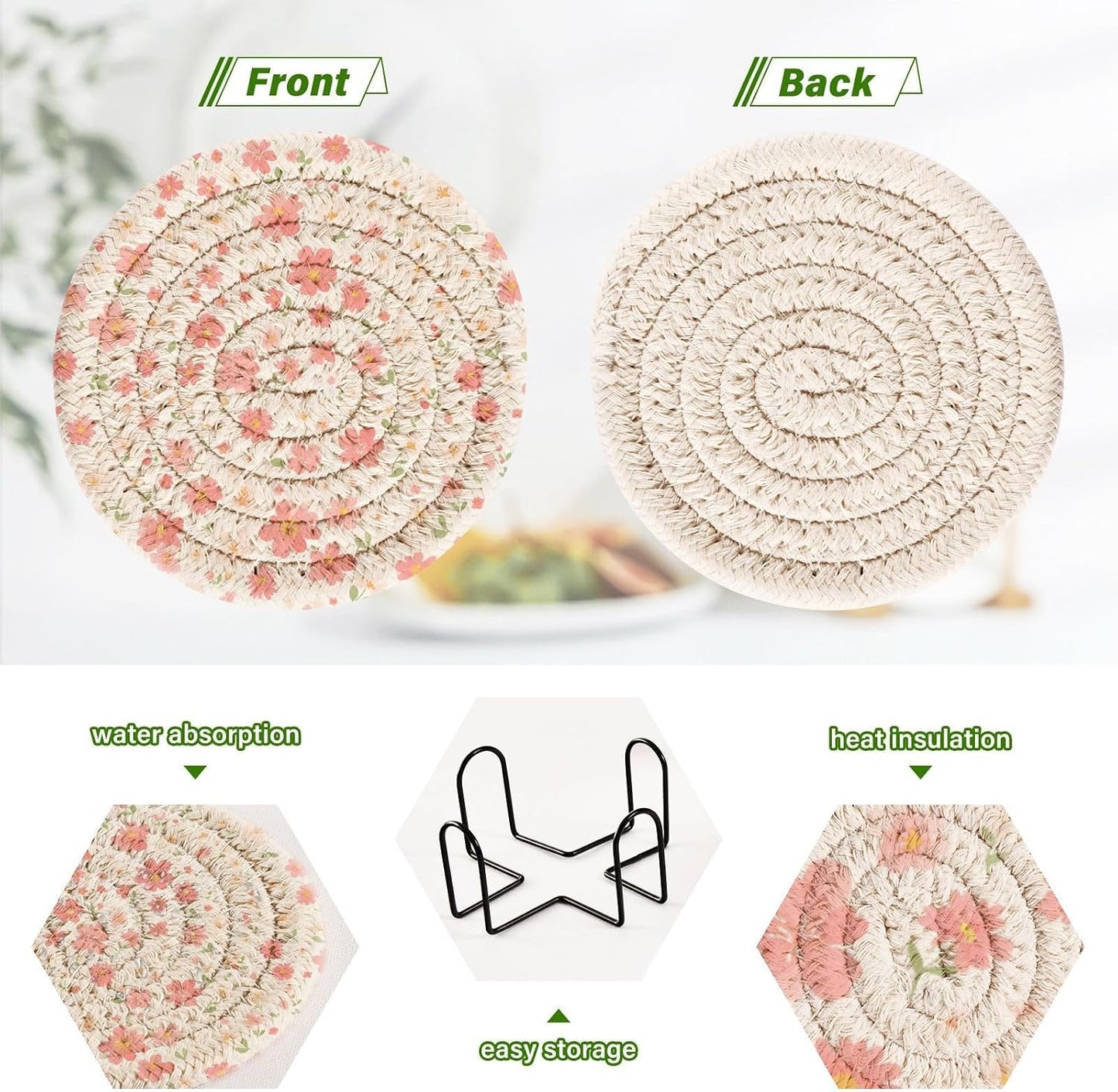 Light Pink Small Flowers Absorbent Table Coasters with Holder Set of 6 for Desk Coasters Kitchen Decor