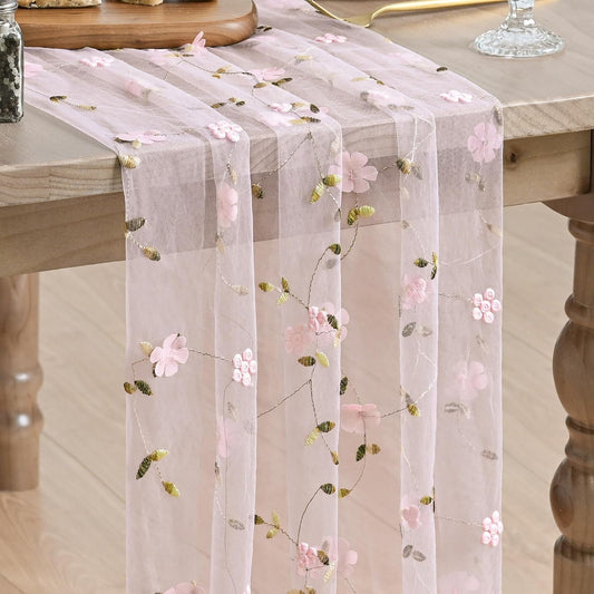 Artoid Mode 3D Flower Pink Gauze Embroidery Table Runner 120 Inch 10FT, Tulle Seasonal Spring Kitchen Dining Holiday Table Decor for Home Party