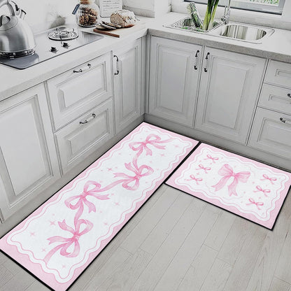Bow Coquette Pink Kitchen Rugs and Mats Non Skid Washable Set of 2, Girly Preppy Floor Mats, Sweet Heart Home Runner Rug, Rustic Kitchen Decor