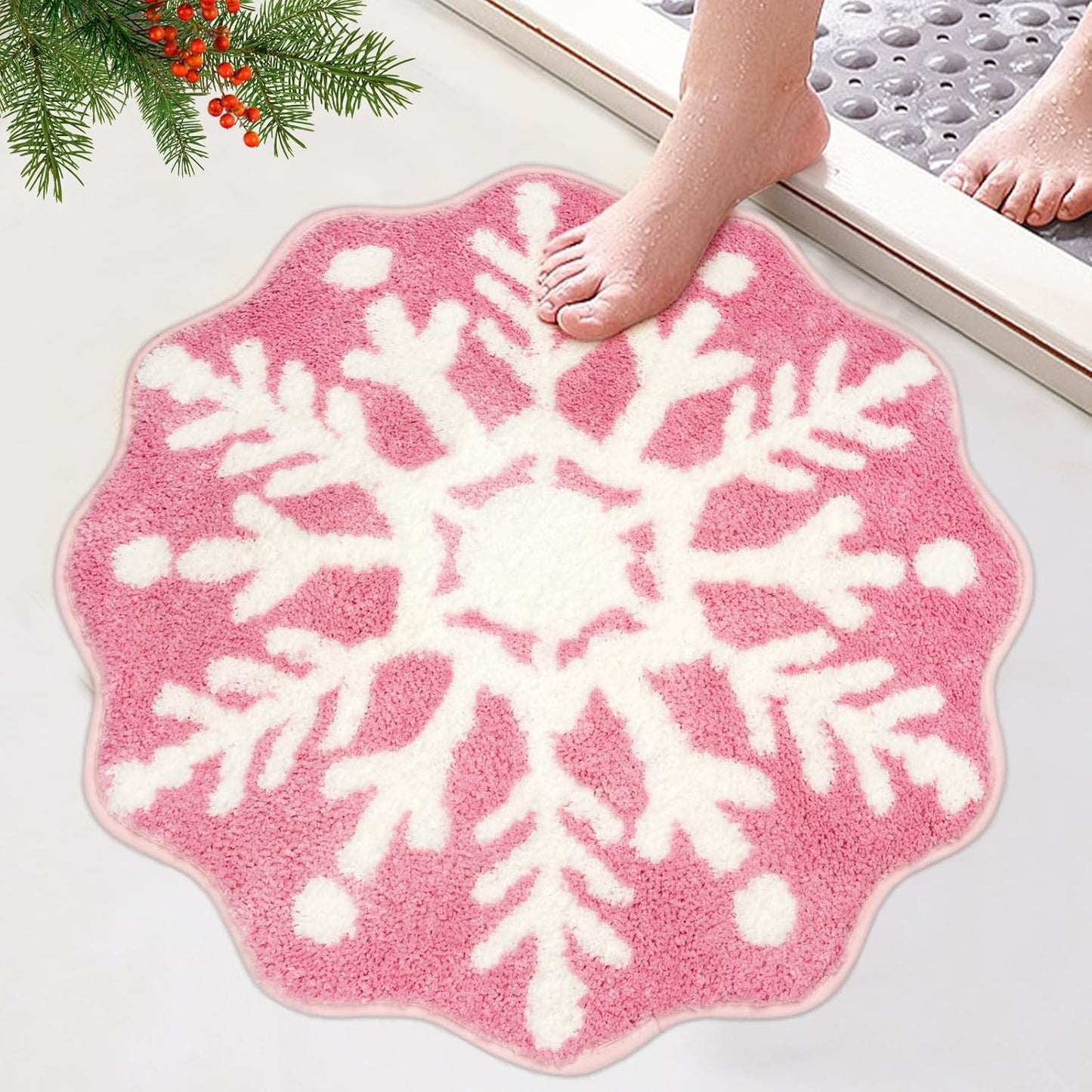 Christmas Bath Rugs for Bathroom - Pink Snowflake Shape Bathroom Rug,Soft and Absorbent Bath Mats,Non-Slip Rug for Shower Bath and Bedroom,Christmas Decoration Gifts(26in x 26in)