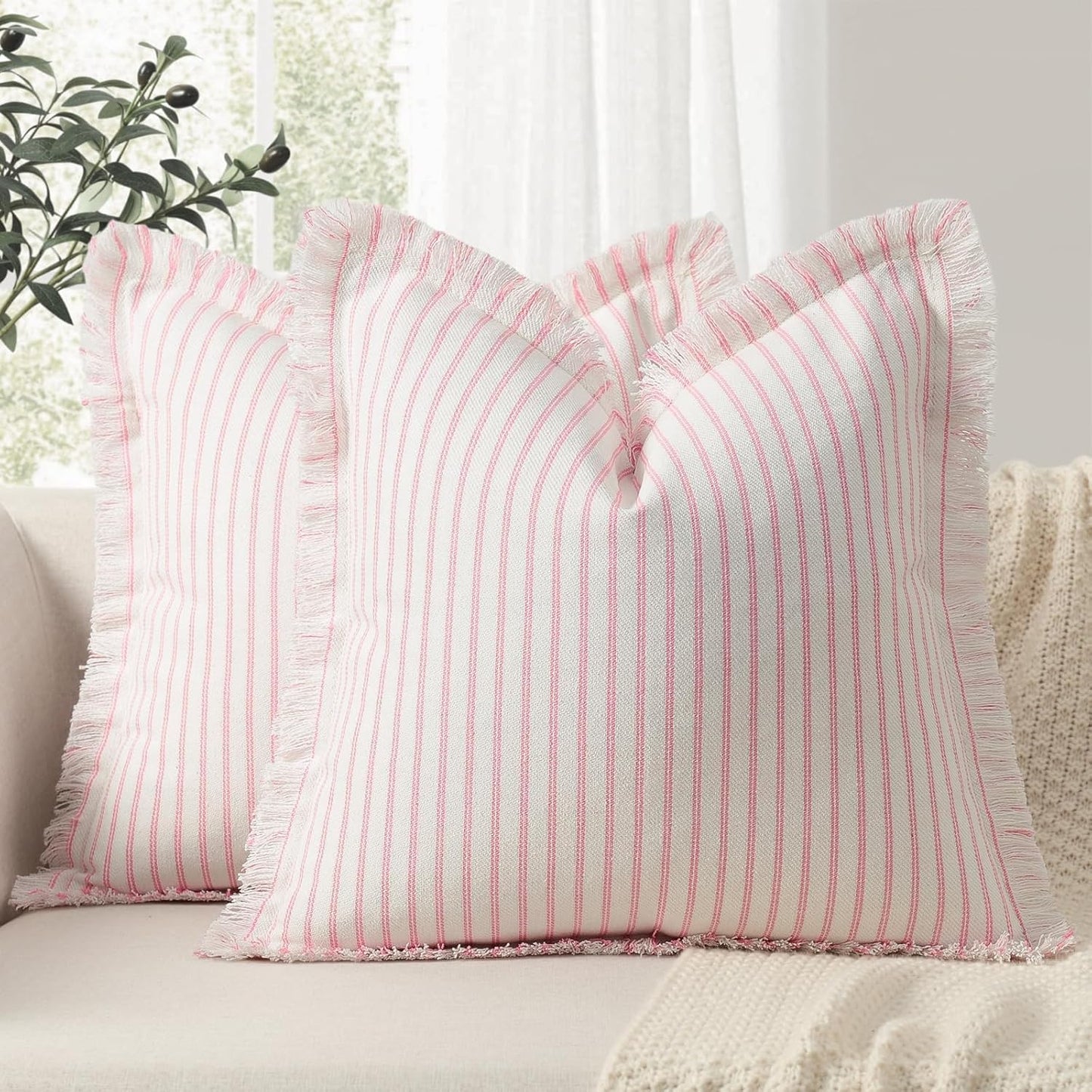 ZWJD Throw Pillow Covers 22x22 Set of 2 Striped Pillow Covers with Fringe Chic Cotton Decorative Pillows Square Cushion Covers for Sofa Couch Bed Living Room Farmhouse Decor, (Pink)
