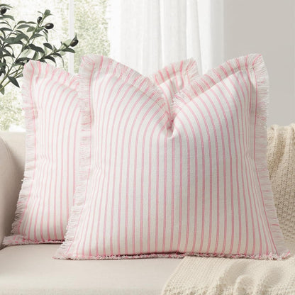 ZWJD Throw Pillow Covers 22x22 Set of 2 Striped Pillow Covers with Fringe Chic Cotton Decorative Pillows Square Cushion Covers for Sofa Couch Bed Living Room Farmhouse Decor, (Pink)