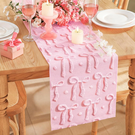 FYSUIMU Pink Bow Dot Table Runner 3D Bow Knot Plush Faux Fur Dining Table Cover for Coquette Party Home Kitchen Decoration, 13 x 72 Inch
