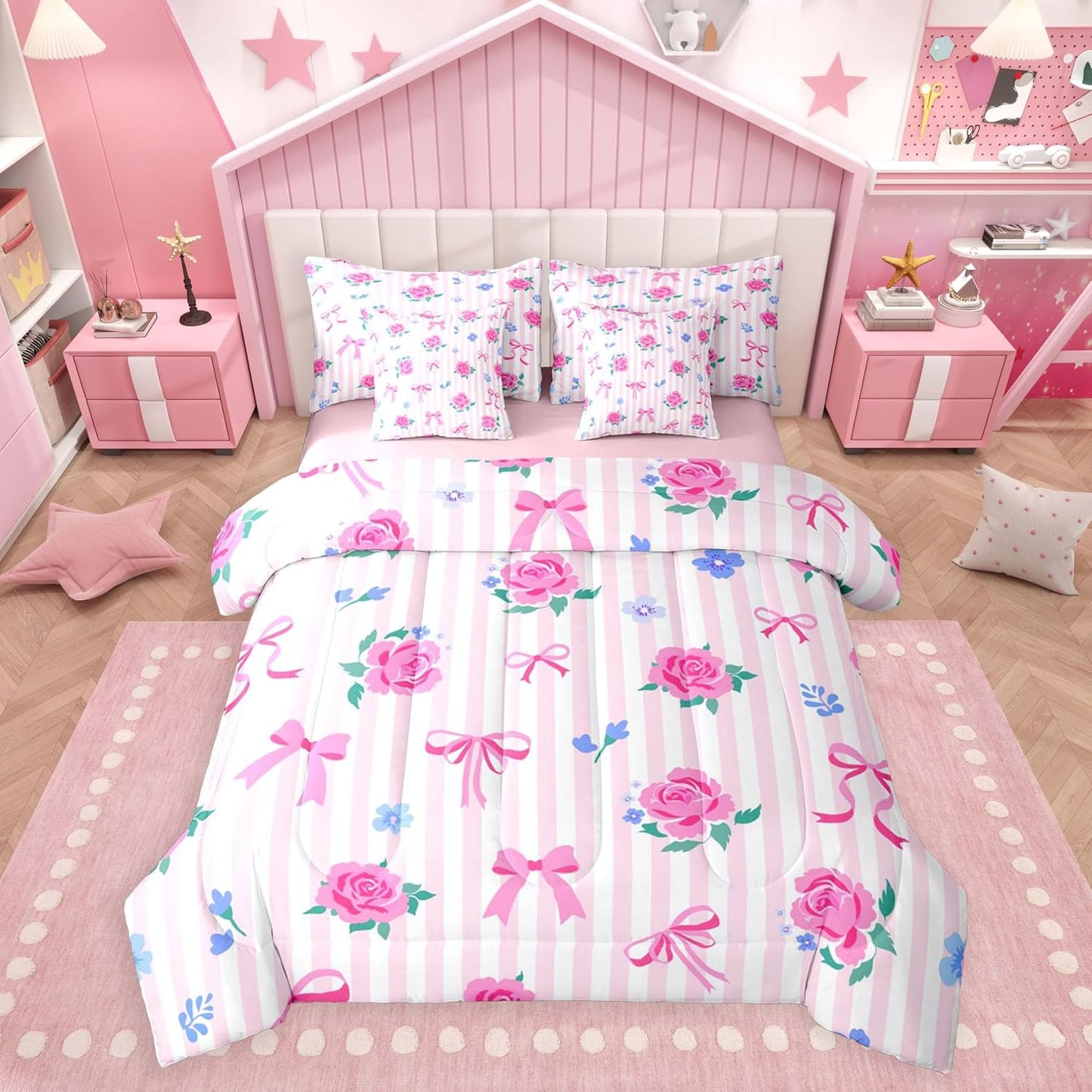 Feelyou Cute Bow Comforter Set with Sheets 7 Piece Queen Size Romantic Rose Flower Bed in a Bag Kids Boys Girls Bow Tie Striped Bedding Set Bedroom Decor Breathable Soft Lightweight Microfiber