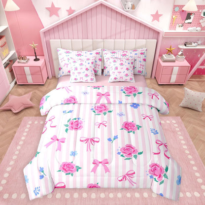Feelyou Cute Bow Comforter Set with Sheets 7 Piece Queen Size Romantic Rose Flower Bed in a Bag Kids Boys Girls Bow Tie Striped Bedding Set Bedroom Decor Breathable Soft Lightweight Microfiber