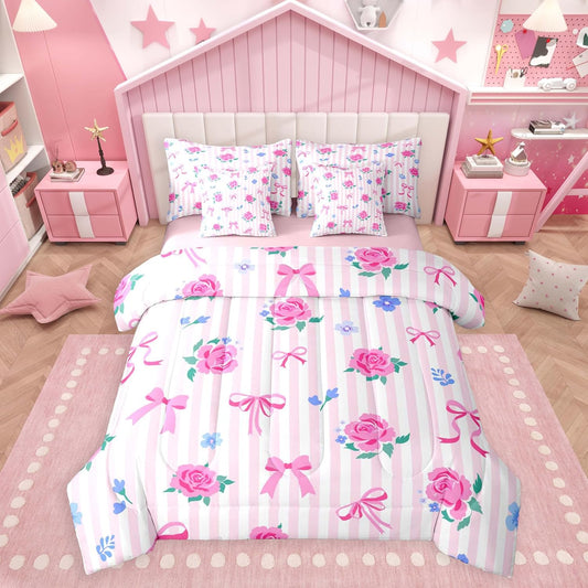 Feelyou Cute Bow Comforter Set with Sheets 7 Piece Queen Size Romantic Rose Flower Bed in a Bag Kids Boys Girls Bow Tie Striped Bedding Set Bedroom Decor Breathable Soft Lightweight Microfiber
