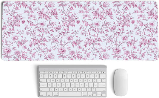 Pink Chinoiserie Mouse Pad,Vintage Pink and White Floral Desk Mat,XL Large Vintage Flowers Preppy Mouse Pad,Girly Laptop Desk Mat for Dorm Home Office,31.5x11.8 Inch