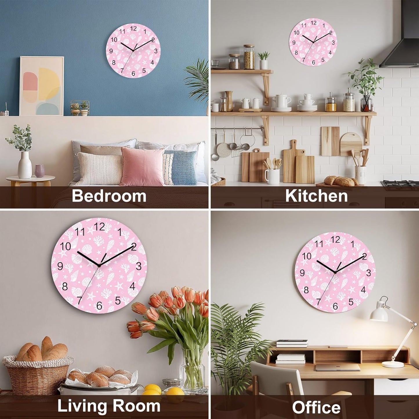 Marine Life Wall Clock Battery Operated Non-Ticking 12" Round Wood Clocks, Ocean Coral Shell Starfish Pink Kitchen Wall Clock for School Bathroom Living Room Home Office Wall Decor