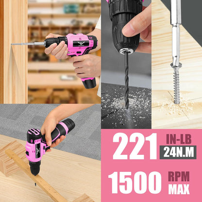 JENABOM Pink Tool Set - 12V Cordless Drill Kit, 151 Piece Home Tools Set With Power Drill, Tool Kits for Men & Women, Perfect for Homeowner, Diyer, Handyman