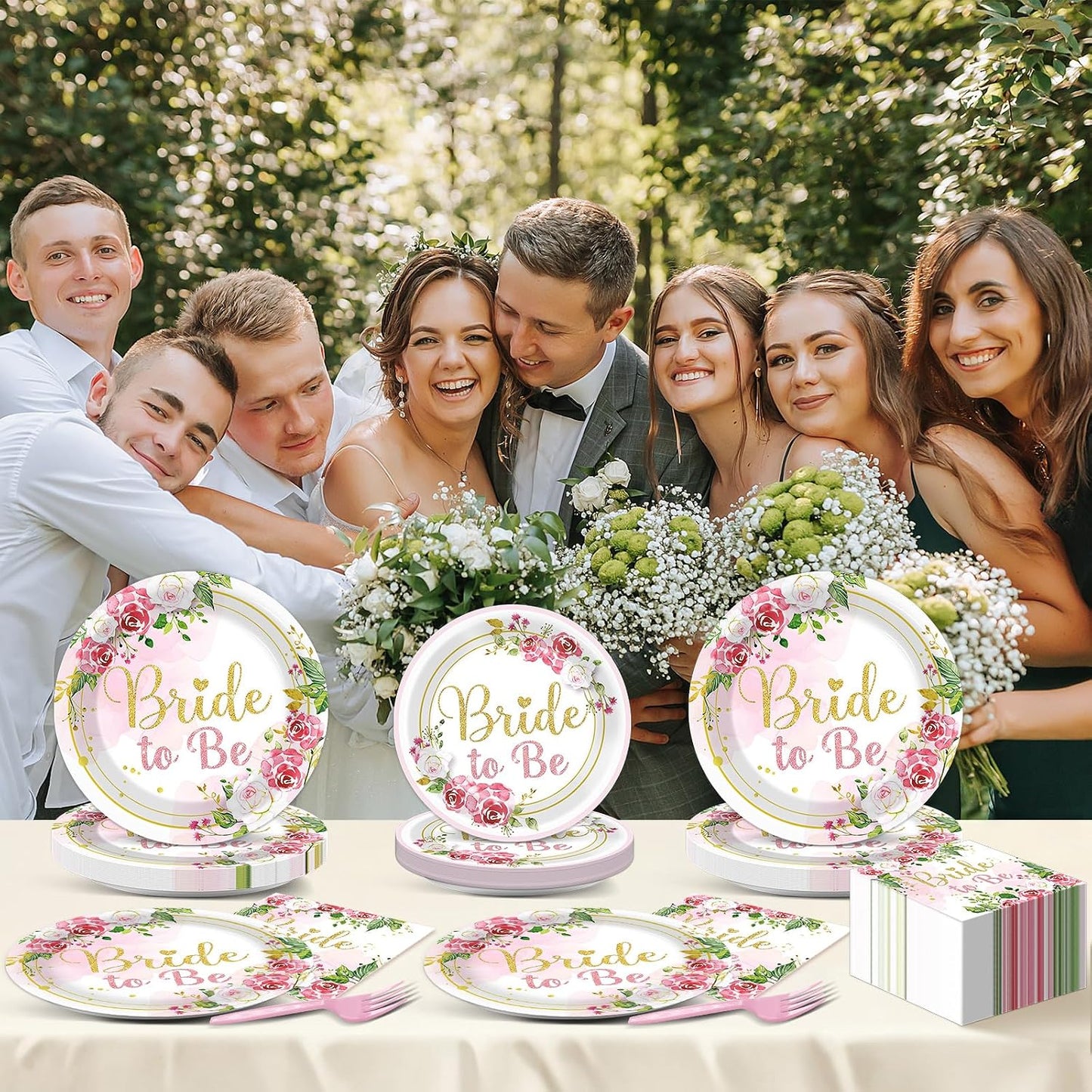 96Pcs Bridal Shower Party Decorations Floral Bride to Be Paper Plates Napkins Flower Pink Gold Wedding Tableware Set Supplies Disposable for Women Engagement Bachelorette Party Favors Serves 24