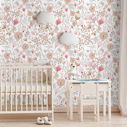 VEELIKE Soft Pastel Pink Floral Wallpaper Stick and Peel Boho Floral Peel and Stick Wallpaper for Bathroom Girls Room Nursery 17.7''x354'' Removable Prepasted Wallpaper Floral Contact Paper for Walls