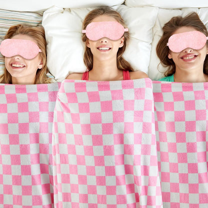 Fanfanwin 18 Pcs Sleepover Party Supplies for Girls, 6 Style Cute Pink Plaid Blanket 6 Coral Fleece Spa Headband 6 Plush Pink Eye Mask Cover for Slumber Sleepover Spa Party Gift