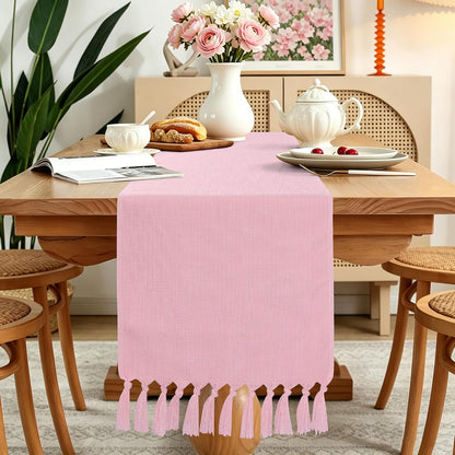 yuboo Pink Table Runner 72 Inches Long, Boho Woven Linen Farmhouse Dresser Table Runners with Tassels, Blush Pink Textured Table Decor for Kitchen Dining, Wedding, Party, Bridal Shower, Baby Shower