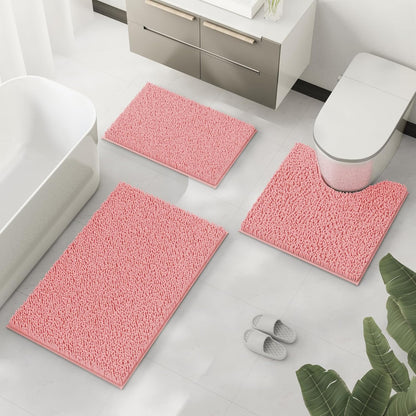Bathroom Rugs Sets 3 Piece, Pink Extra Soft Absorbent Chenille Bath Rugs, Non Slip Rubber Backing Machine Washable Quick Dry Bath Mats for Bathroom Floor, Tub, Shower, Home Decor Accessories
