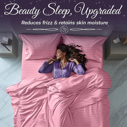 SLEEP SANCTUARY Satin Sheets Queen Size – 4 Piece Luxury Silky Bed Set, Softer Than Silk, 15" Deep Pocket, Cooling & Wrinkle-Free, Moisture-Wicking & Breathable for Hair & Skin (Striped Pink)