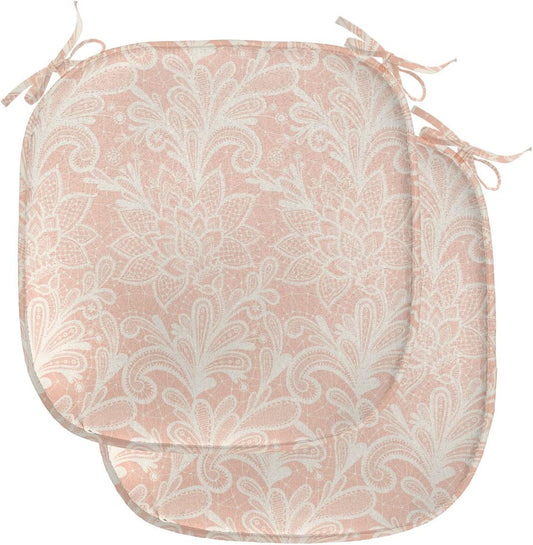 Lunarable Victorian Chair Seating Cushion Set of 2, Doodle Style Grunge Lace Style Ornamental Pattern Abstract Vintage Floral Motifs, Anti-Slip Seat Padding for Kitchen & Patio, 16"x16", Peach White