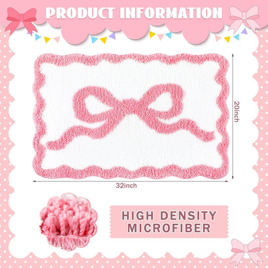 Tinideya Pink Bow Bathroom Rug 20" x 32" Scalloped Bow Bath Mat Non Slip Cute Coquette Aesthetic Carpet Preppy Room Decor Microfiber Absorbent Mat for Bathtub Shower Bedroom Gift