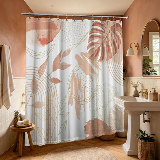 Coral Pink Shower Curtain Cute Girly Salmon Peach Mid Century Modern Shower Curtains for Girls Bathroom Decor, Waterproof Cloth Fabric with Hooks, 70" W x 84" L