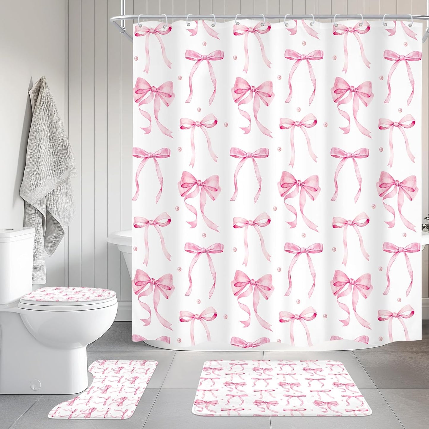 4Pcs Pink Bow Shower Curtain Set, Retro Coquette Vintage Girly Preppy Cute Fashion Pretty Sweet Bathroom Curtain with Rug, Toilet Lid Cover, Bath Mat, Aesthetic Shower Curtain with 12 Hooks