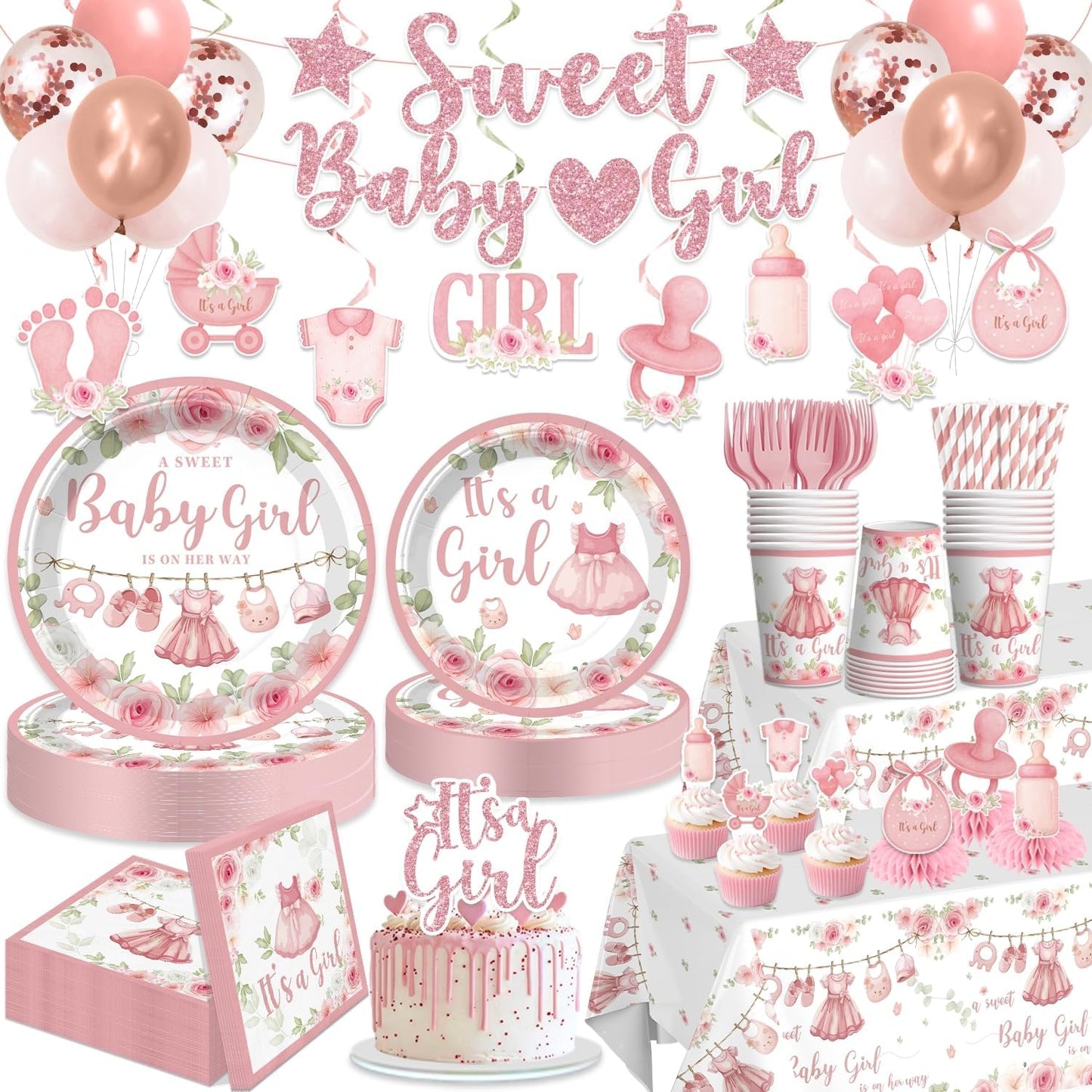 Xynic 171PCS Pink Baby Shower Decorations for Girl Tableware Set, 20 Serves Disposable Plates and Napkins Set, with Cake Topper, Centerpieces, Banner, Tablecloth, for Baby Shower Themes Girls
