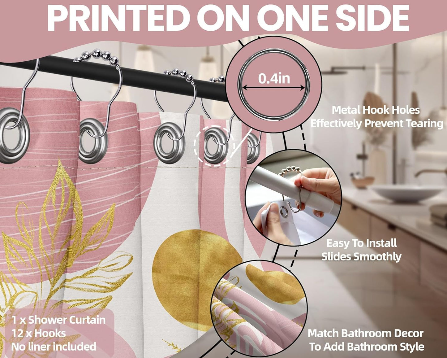 Blush Pink and Gold Shower Curtain Boho Mid Century Light Pink and White Shower Curtains for Bathroom Decor, Waterproof Cloth Fabric with Hooks, 70" W x 72" L