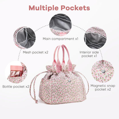 Yarnic Lunch Bag Women Insulated Lunch Bags,Cute Floral Reusable Lunch Box Stain-Resistant Lunchbox with Water Bottle Holder for Adult (Pink Flower)