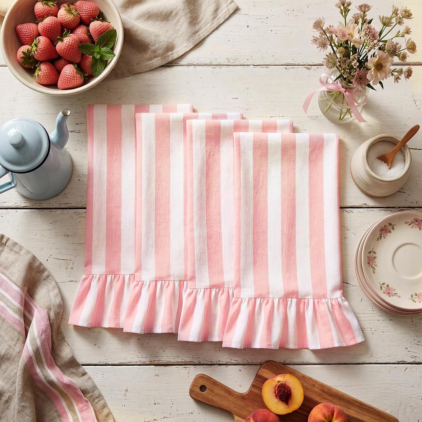 Pink Striped Kitchen Towels Set of 4, 100% Cotton Ruffled Striped Dish Towels 18"x31" Absorbent Tea Cloths Classic Pattern for Farmhouse Charm, Drying Dishes, Entertaining Guests