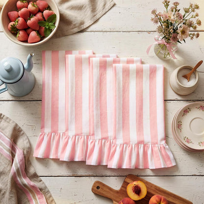 Pink Striped Kitchen Towels Set of 4, 100% Cotton Ruffled Striped Dish Towels 18"x31" Absorbent Tea Cloths Classic Pattern for Farmhouse Charm, Drying Dishes, Entertaining Guests