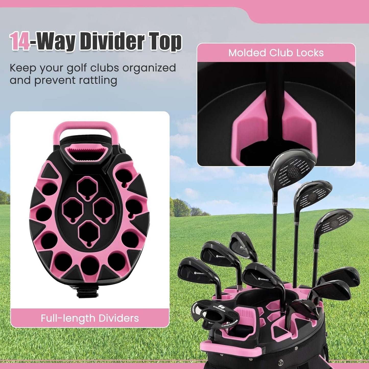ULTIMATE 14-Way Golf Cart Bag, Golf Bag w/Molded Lock Top & Full Length Dividers, Portable Golf Club Bag w/11 Pockets, Cooler Bag, Padded Strap & Rain Hood for Men Women