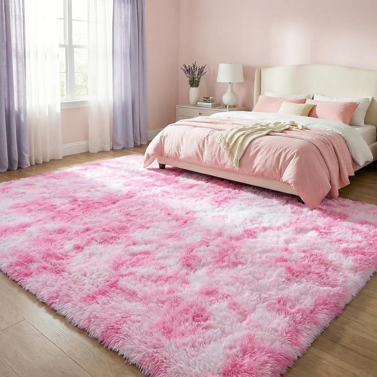 DweIke Fluffy Pink White Rugs for Bedroom Living Room, 4x6 Feet Soft Plush Shaggy Tie-Dyed Pink Girls Boys Kids Rug, Non-Slip and Machine Washable Carpet for Dorm Nursery Classroom Decor
