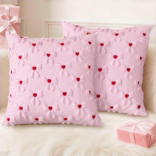 LOMOHOO Pink Bow Pillow Covers Set of 2 Coquette Room Decor Faux Fur Soft Plush Cute Girl Bowknot with Heart 18x18in Decorative Pillowcase for Bed Sofa Couch Preppy Room Decor